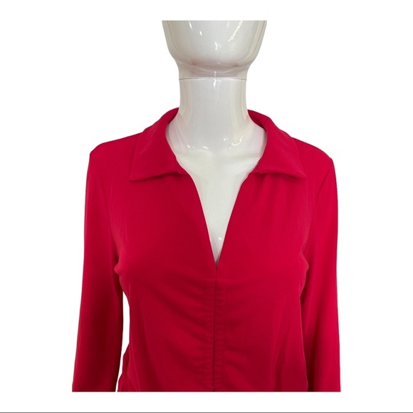 Zara Womans Size L Top V Neck Hot Pink Gathered Long Sleeve Collar ruched shirt - Picture 8 of 15